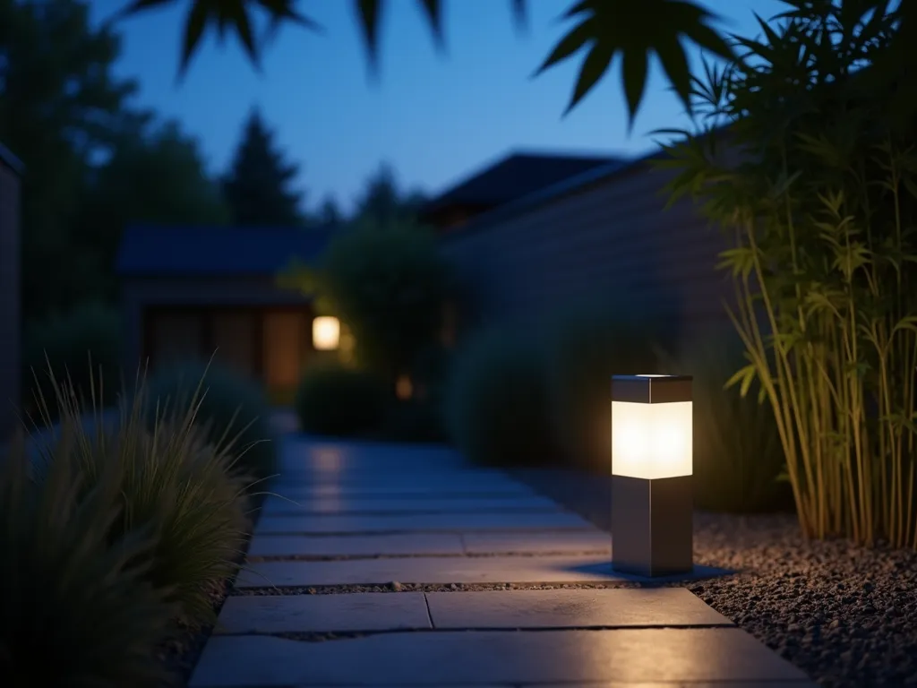 Modern Solar Cube Light in Zen Garden - A stunning dusk photography shot of a contemporary zen garden featuring a sleek, minimalist cube-shaped solar lamp post, 4 feet tall, casting a warm white glow. The geometric light fixture has clean lines and a brushed aluminum finish, positioned along a modern slate pathway. The background showcases architectural grasses and bamboo creating subtle shadows. Low lighting conditions with deep blue twilight sky, photographed with shallow depth of field focusing on the illuminated cube light. Japanese maple leaves frame the corner of the composition. Shot with a digital camera, 16-35mm lens at 24mm, f/2.8, ISO 400, creating a dreamy bokeh effect with the garden elements.