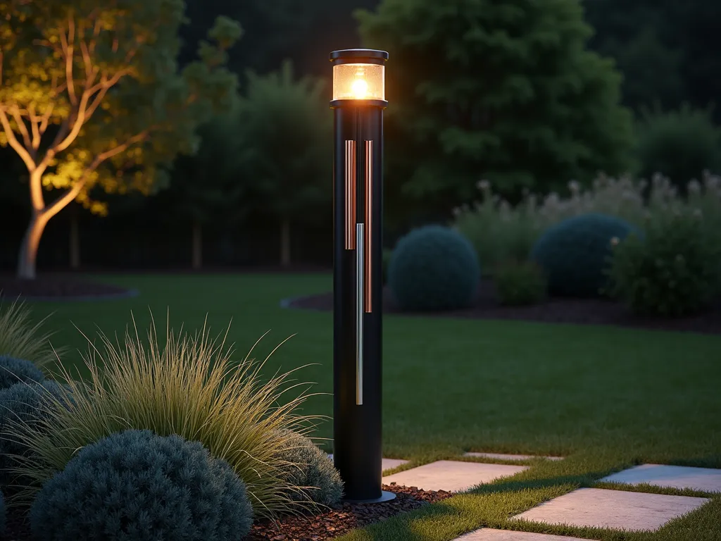 Modern Wind Chime Illuminated Garden Post - A sleek, matte black 7-foot garden lamp post at dusk, featuring a contemporary cylindrical light fixture with warm LED illumination. Below the light, elegant silver and copper wind chimes in minimalist geometric shapes cascade downward. The post is surrounded by ornamental grasses that sway gently in the breeze, with Japanese Forest Grass and Blue Fescue creating texture at the base. Soft lighting casts dramatic shadows on a nearby stone pathway, while the metallic wind chimes catch and reflect the golden hour light. Shot from a slight low angle to emphasize height and drama, with shallow depth of field focusing on the post's sculptural elements. Photorealistic, cinematic lighting, architectural photography style.