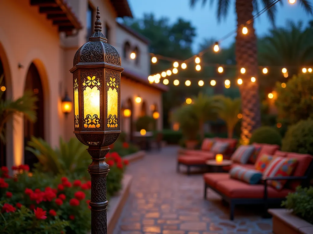 Moroccan Filigree Garden Lamp Post at Dusk - A stunning DSLR wide-angle capture of an ornate 7-foot Moroccan-style lamp post at dusk, featuring intricate bronze filigree patterns and amber-tinted glass. The lamp casts mesmerizing geometric shadows across a Mediterranean-inspired garden patio. Stone pathways wind through lush landscaping with potted palm trees and flowering bougainvillea. Plush outdoor seating with colorful kilim cushions surrounds the lamp post, while hanging lanterns and string lights add layers of ambient lighting. The warm glow illuminates mosaic tile details and creates a magical atmosphere in the gathering space. Photographed with rich depth of field at f/8, ISO 100, capturing the interplay of natural twilight and decorative lighting.