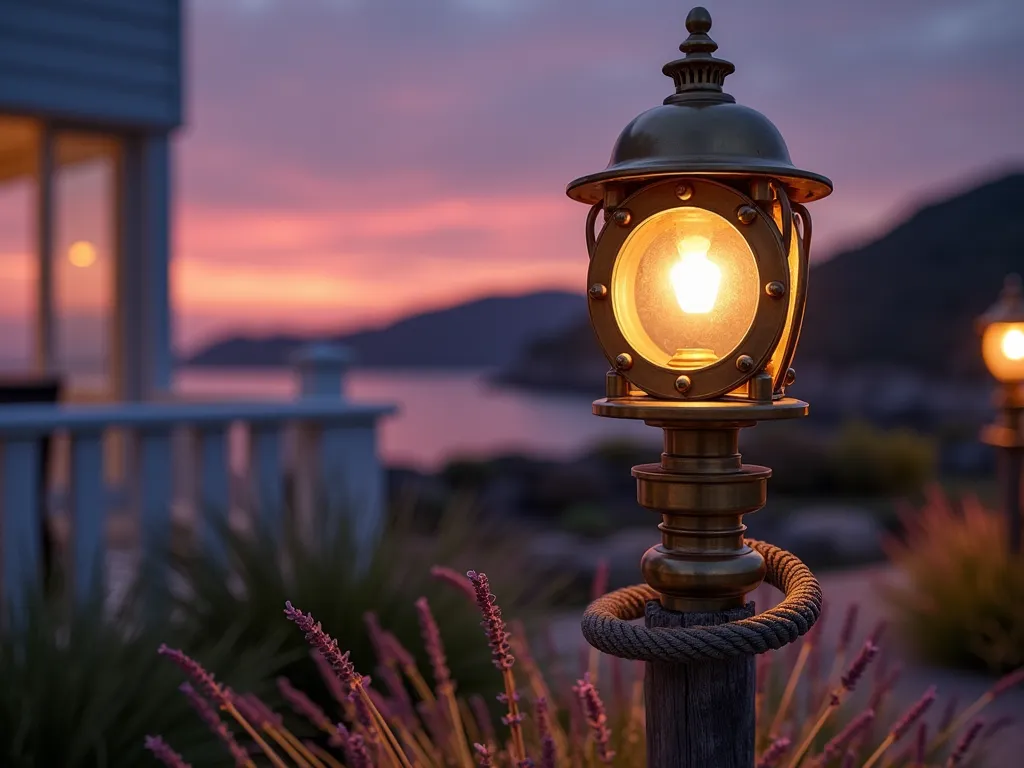 Nautical Brass Garden Lamp Post at Dusk - A stunning dusk scene of a weathered brass nautical lamp post in a coastal garden setting, shot from a medium-low angle. The ornate post features authentic porthole-style glass enclosures and intricate rope detailing wrapped around its column. The warm, golden light emanating from the lamp creates a magical glow that illuminates surrounding coastal grasses and lavender. The backdrop includes glimpses of a whitewashed deck with navy blue accents, while ornamental grasses sway gently in the foreground. Natural brass patina adds character to the maritime-inspired fixture, while the fading sunset creates a dreamy purple-orange sky in the background. Captured in photorealistic style with dramatic lighting and soft bokeh effects.