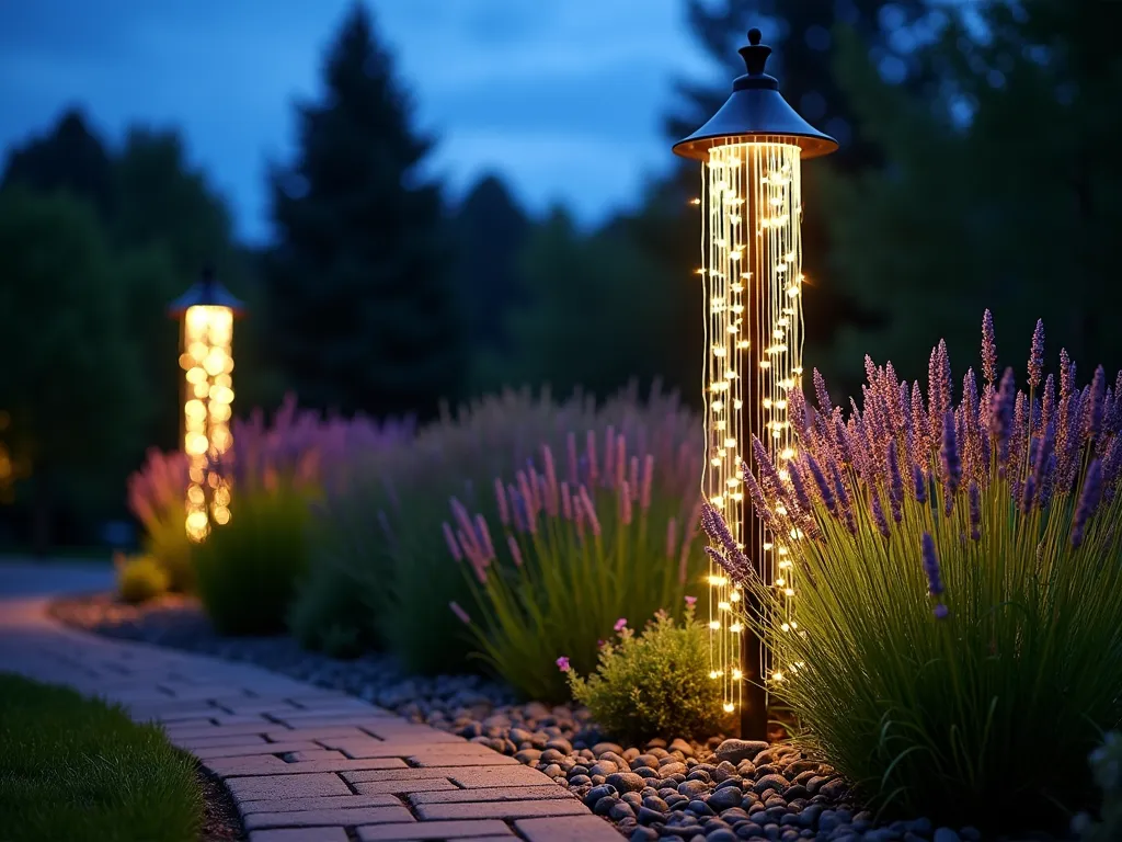 Enchanting Rainfall Light Post at Dusk - A stunning twilight garden scene featuring a 7-foot tall modern black metal lamp post with cascading LED light strands creating a mesmerizing rainfall effect, photographed at dusk. The flowing lights create ethereal streams of warm white illumination against the deepening blue sky. The lamp post stands elegantly in a curved garden bed filled with ornamental grasses and lavender, their silhouettes beautifully backlit by the falling light streams. A cobblestone pathway winds past the fixture, while strategically placed river rocks catch and reflect the dancing lights. Shot from a low angle to emphasize the dramatic vertical light display, with the background slightly blurred to create depth. The magical atmosphere is enhanced by subtle garden mist, creating a dreamy, enchanted garden aesthetic.