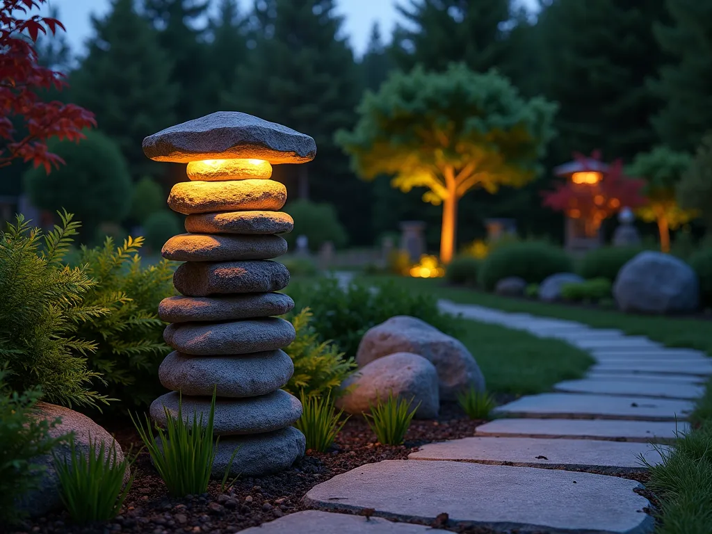 Riverside Garden Lamp Post at Dusk - A twilight garden scene featuring a majestic 4-foot tall lamp post crafted from smooth, stacked river rocks in varying earth tones. The post emerges organically from a landscaped garden bed filled with ornamental grasses and ferns. Warm LED lighting glows softly through carefully placed gaps between the stones, casting a gentle luminescence onto the surrounding flagstone pathway. Shot at dusk with a wide-angle perspective, capturing the natural integration of the stone fixture with the garden environment. The background shows scattered Japanese maple trees and natural boulders, while dewdrops on the foliage catch the ethereal light. Photorealistic, cinematic lighting, high-end architectural photography.