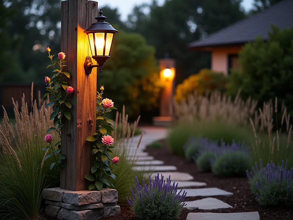 Rustic Wooden Beam Garden Light at Dusk - A captivating dusk scene featuring a tall rustic lamp post made from a weathered reclaimed wooden beam, mounted on a natural stone base. The warm LED light emanates through craftsman-style metal and glass fixtures attached to the beam's side. The lamp post stands 8 feet tall against a background of swaying ornamental grasses and lavender. A winding flagstone pathway leads past the light, while climbing roses begin to scale the wooden post. Golden hour lighting casts long shadows across the garden, highlighting the rich texture of the aged wood grain. Shot from a low angle to emphasize the lamp post's height and rustic grandeur, with soft bokeh effects in the background.