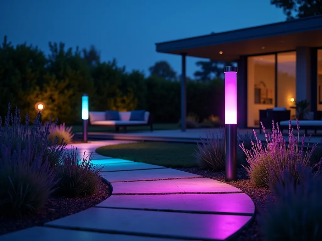 Smart LED Garden Post at Twilight - A stunning twilight photograph of a modern, sleek garden lamp post emanating mesmerizing multicolored LED light in a contemporary backyard setting. The smart post displays a gradient from deep purple to aqua blue, casting ethereal patterns on a curved stone pathway. Surrounding the post are ornamental grasses and lavender bushes swaying gently in the evening breeze. The background features a modern deck with minimalist furniture, while strategic lighting creates depth and atmosphere. Captured with a wide-angle lens at f/2.8, creating a dreamy bokeh effect with the garden foliage. The scene demonstrates the post's technological sophistication with subtle smartphone control interface visible in the foreground. High-end photographic quality with perfect exposure balancing the post's illumination with the deep blue twilight sky.