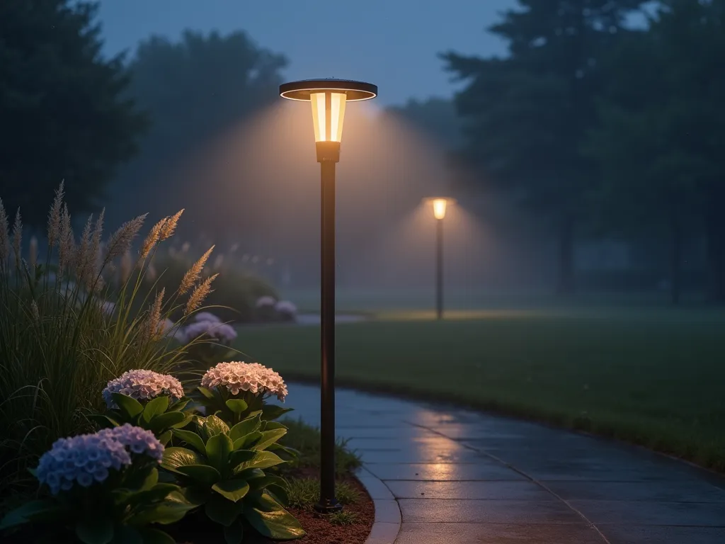 Smart Weather-Sensing Garden Lamp Post at Dusk - A sophisticated modern garden lamp post with sleek metallic finish photographed during a misty dusk, illuminating a curved garden pathway. The post emits a bright, warm glow that creates a ethereal atmosphere through the fog, while advanced sensors visible on its crown catch the evening moisture. The lighting casts dramatic shadows across nearby ornamental grasses and hydrangeas. Rain droplets on the post's surface reflect the light, creating a magical sparkle effect. The scene is captured in a dramatic three-quarter view, showing both the technical sophistication of the fixture and its practical application in the garden setting. Photorealistic, high detail, atmospheric lighting, moody.