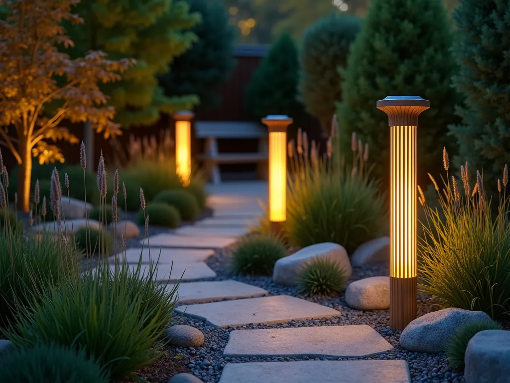 Solar Bamboo Garden Torch at Twilight - A serene twilight scene of a zen garden featuring elegant solar-powered bamboo torch lamp posts, 16-35mm wide angle shot. The 6-foot tall natural bamboo posts are arranged along a curved stone pathway, emitting a warm golden glow that illuminates ornamental grasses and Japanese maples. The modern solar panels are discretely integrated into the tops of the posts, while LED lights within create a gentle, flickering torch-like effect. Smooth river rocks and carefully placed boulders add texture, while a small meditation bench sits in the background. Shot at dusk with long exposure settings to capture the interplay of fading natural light and the solar lamps' warm illumination. The composition creates depth through leading lines of the pathway and strategic placement of multiple bamboo torch posts.