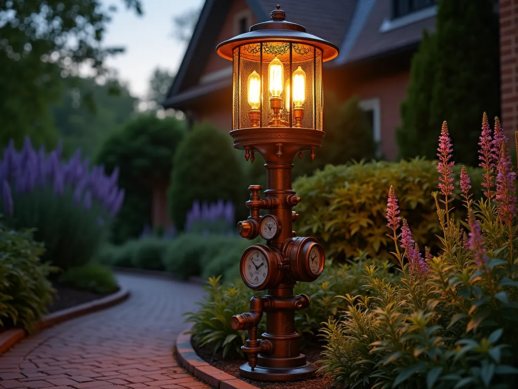 Victorian Garden Steampunk Lamp Post at Dusk - A dramatic dusk scene featuring an ornate copper and brass steampunk lamp post in a Victorian garden setting. The 7-foot tall post incorporates visible rotating gears, brass pipes, and exposed clockwork mechanisms that seem to power the warm glowing light. The main light fixture features multiple Edison bulbs housed within an industrial-style cage with copper filigree details. Surrounding the base are vintage pressure gauges and steam valves. The post is positioned along a curved brick pathway, with lush ornamental grasses and purple salvias softening its industrial appearance. Warm lighting creates dramatic shadows on the surrounding foliage, while copper patina adds an aged authenticity. Photographed from a low angle to emphasize the post's commanding presence, with subtle lens flare highlighting the mechanical details.