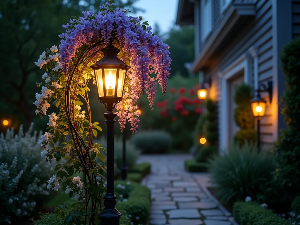 Enchanted Trellis Light Post at Dusk - A stunning DSLR photograph of an elegant Victorian-style garden lamp post with an intricate wrought-iron trellis framework, captured at dusk. The 7-foot tall structure features delicate purple wisteria and white moonflowers gracefully winding around the black metalwork, creating a living light sculpture. Warm golden light emanates from traditional lantern-style fixtures, casting a romantic glow on the surrounding cottage garden. Shot from a slight low angle to emphasize height, with a dreamy bokeh effect in the background showing additional garden elements. The composition includes natural stone pavers at the base and soft landscape lighting in the distance, creating depth and atmosphere. Photorealistic, high-resolution, moody evening lighting, with crystal-clear detail of both the metalwork and flowering vines.