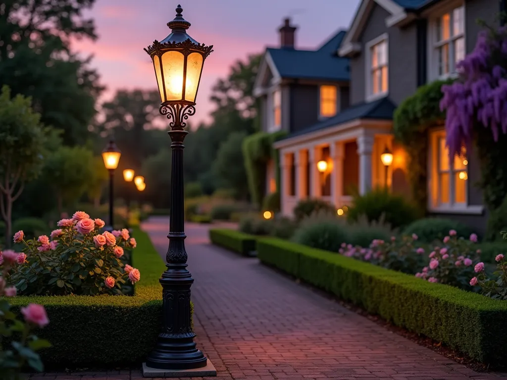 Victorian Cast Iron Garden Lamp Post at Dusk - A majestic black Victorian-style cast iron lamp post illuminating a formal garden path at dusk, featuring ornate scrollwork and intricate detailing. The warm, golden glow from its frosted glass lantern casts elegant shadows across a brick-lined pathway bordered by meticulously trimmed boxwood hedges and blooming English roses. The grand 8-foot tall post stands against a backdrop of a heritage-style home with climbing wisteria, creating a romantic and sophisticated atmosphere. Medium-wide angle shot capturing the lamp post's full height and its relationship to the surrounding formal garden landscape, with the fading purple-orange sky adding depth and drama.