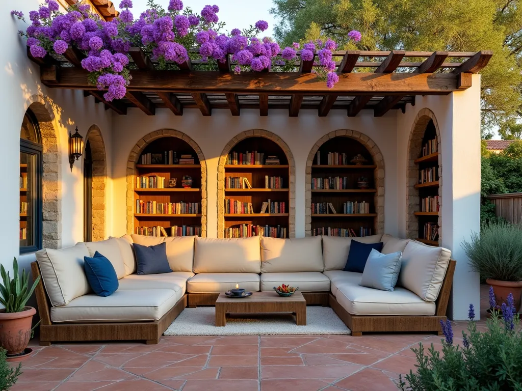 Mediterranean Reading Courtyard at Sunset - A serene Mediterranean-style courtyard garden library photographed at golden hour, featuring whitewashed stucco walls and natural stone built-in shelving filled with books. A rustic wooden pergola adorned with cascading purple bougainvillea provides dappled shade over a plush outdoor sectional with cream-colored cushions and scattered blue throw pillows. Terracotta tiles create a warm patio floor, complemented by potted olive trees and lavender. Soft evening light filters through the pergola, casting intricate shadows on the peaceful reading space. Wide-angle shot at f/2.8, capturing the entire courtyard's intimate atmosphere with dramatic depth and natural lighting.