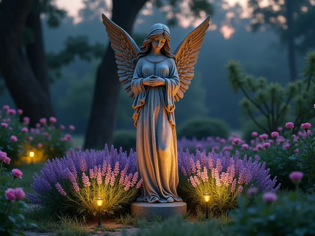 Serene Angel Memorial Garden - A peaceful garden scene at dusk featuring a weathered stone angel statue as the centerpiece, standing 6 feet tall with graceful wings and flowing robes. The angel is surrounded by a circular bed of blooming lavender and pink roses in full bloom. Soft solar lights illuminate the statue from below, creating a gentle, ethereal glow. The background features mature trees and ornamental grasses, creating depth and tranquility. Photorealistic style, warm evening lighting, misty atmosphere.