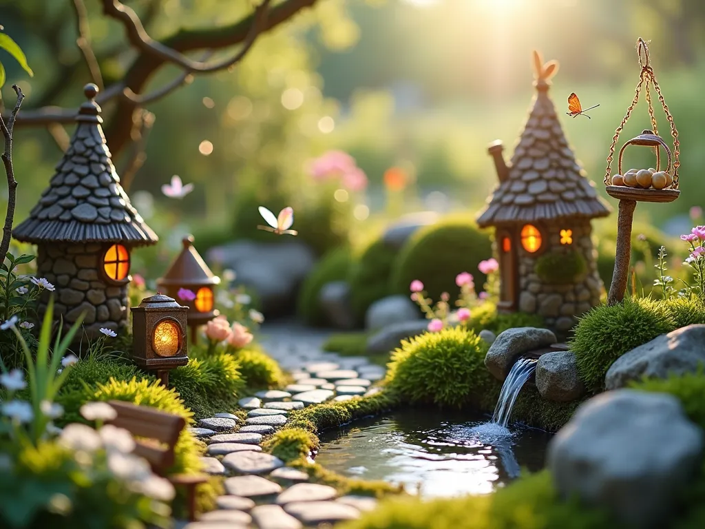 Enchanted Memorial Fairy Garden - A magical miniature garden scene bathed in soft, ethereal sunlight. Tiny cobblestone paths wind through delicate moss and miniature flowers, leading to a small crystal memorial stone. Diminutive fairy houses with twinkling windows nestle among dwarf thyme and baby's tears plants. Delicate butterfly decorations and miniature wind chimes hang from small twisted branches. A tiny waterfall trickles into a mirror-like pond surrounded by miniature roses and forget-me-nots. Weathered copper lanterns cast a warm glow, while iridescent dragonflies hover above. Fairy-sized benches and garden tools rest near blooming miniature succulent gardens. The scene is captured with a shallow depth of field, creating a dreamy atmosphere.