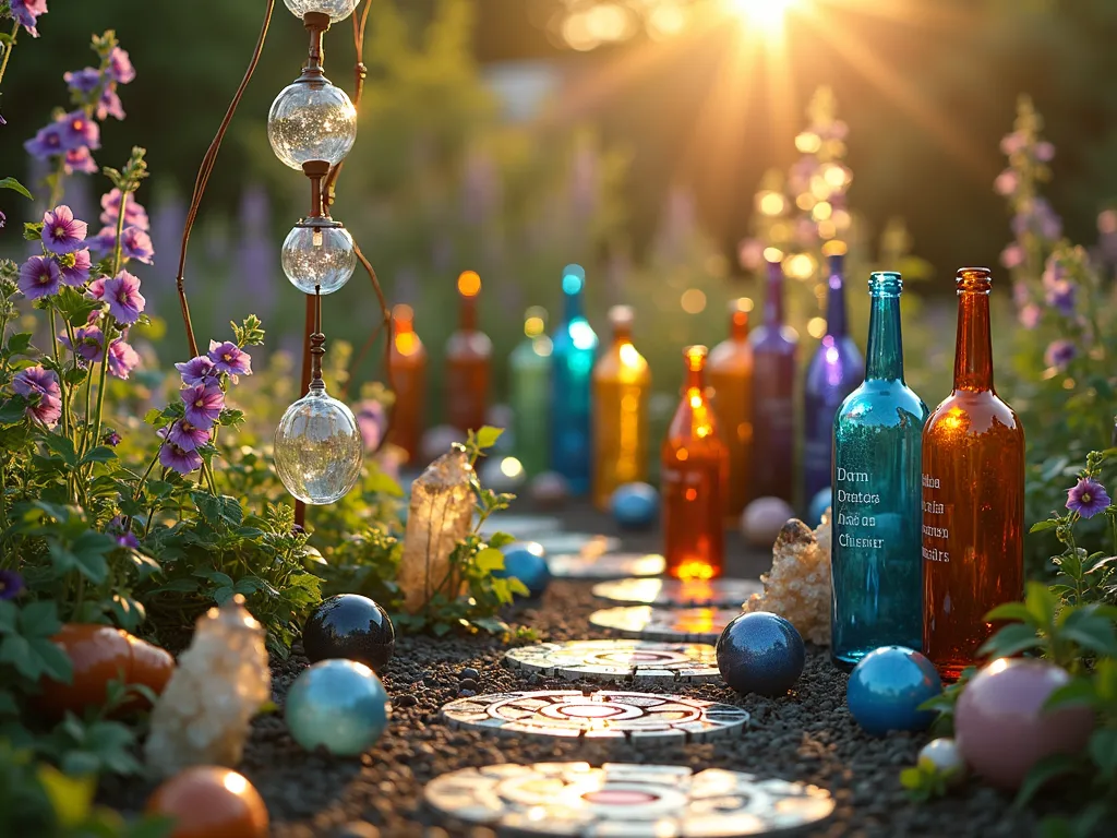 Ethereal Glass Memory Garden - A tranquil garden scene at golden hour, featuring an artistic arrangement of colorful glass bottles and delicate hanging glass wind chimes in blues, purples, and amber. Sunlight streams through the glass elements creating rainbow prisms on the ground. A central blown glass sculpture with etched memorial dates stands among scattered glass spheres and crystals. Mosaic glass stepping stones lead through the display, with morning glories climbing on copper poles that support the glass installations. The entire scene has a dreamy, ethereal quality with soft bokeh effects and light refractions.