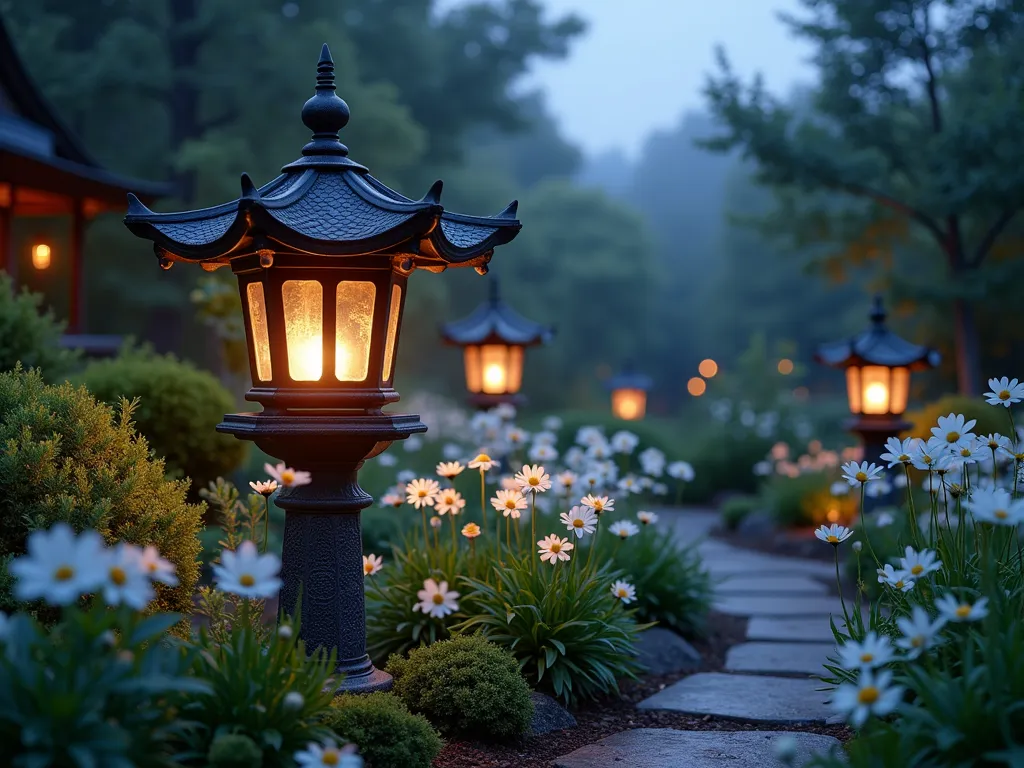 Ethereal Memory Lantern Garden at Twilight - A serene garden at dusk featuring a large ornate bronze memorial lantern as the centerpiece, glowing with warm light. Surrounding it are elegant white moonflowers and evening primrose blooming in the twilight. Multiple decorative Japanese-style lanterns create a gentle illuminated path through the garden. The scene is captured in soft, ethereal lighting with a subtle fog, creating a magical atmosphere. White flowers seem to glow in the moonlight, while silver-leaved plants add texture. Delicate solar lights are scattered throughout, creating a constellation effect in the garden space.