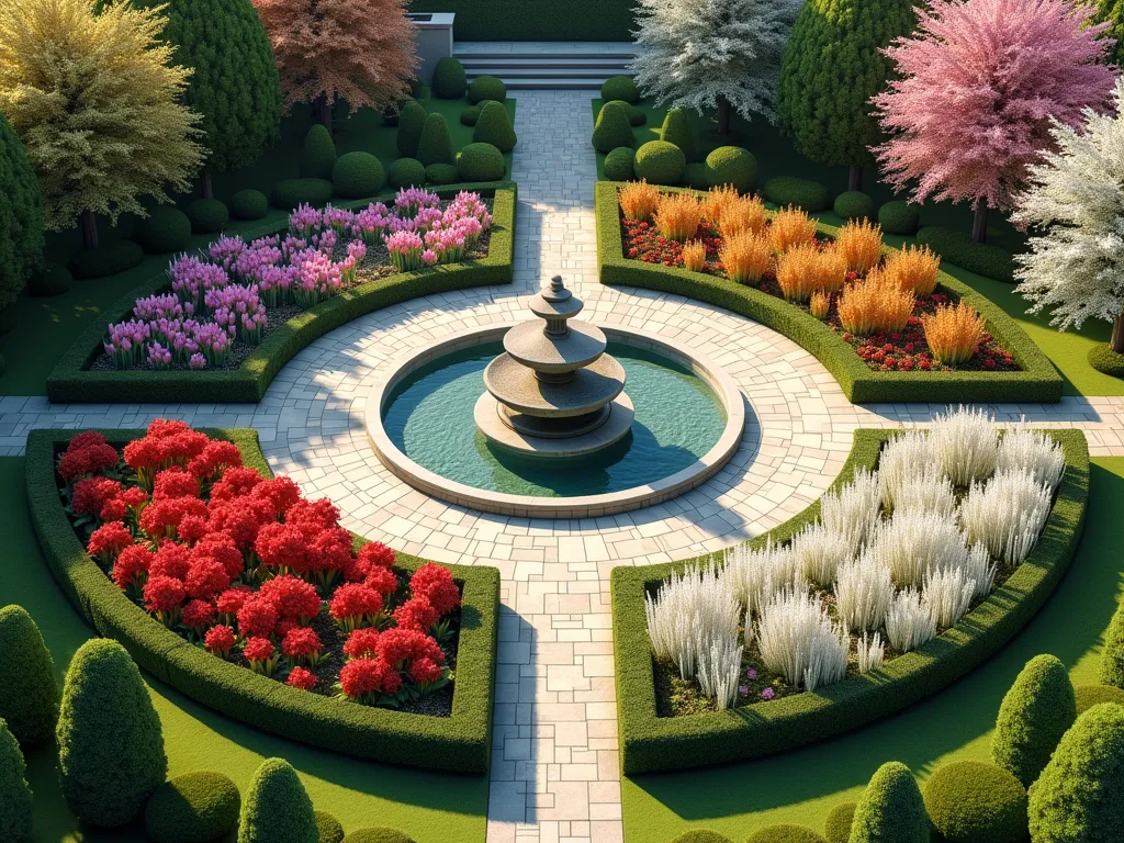 Four Seasons Memorial Garden Circle - A serene circular garden divided into four equal sections, viewed from above at a slight angle. Each quarter represents a season: Spring with cherry blossoms and tulips in bloom, Summer with vibrant roses and lavender, Autumn with maple trees in red and gold, and Winter with snow-dusted evergreens and white birch trees. A central circular fountain connects all sections, with four decorative stone pathways radiating outward. Sunlight casts gentle shadows across the landscape, creating a peaceful, ethereal atmosphere. Photorealistic, professional landscape photography style.