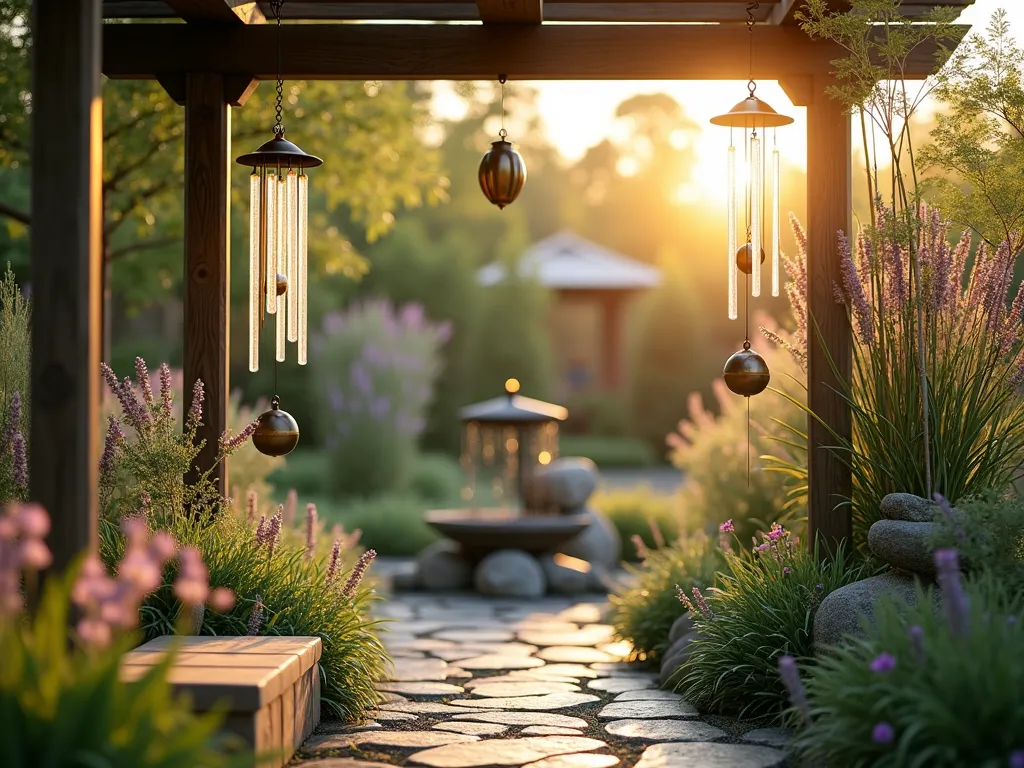 Harmonious Musical Memory Garden - A serene Japanese-inspired garden at golden hour, featuring elegant wind chimes hanging from a weathered wooden pergola. Tall ornamental grasses and bamboo sway gracefully in the breeze. Crystal-clear brass bells are nestled among blooming lavender and moonflowers. A rustic stone path winds through the garden, leading to a handcrafted metal sculpture of musical notes. Delicate Chinese lanterns and dancing lady ginger plants add whimsical movement. A small contemplation bench faces a musical fountain where water creates gentle melodies. Soft, ethereal lighting casts warm shadows across the peaceful scene. Photorealistic, peaceful atmosphere, shallow depth of field.