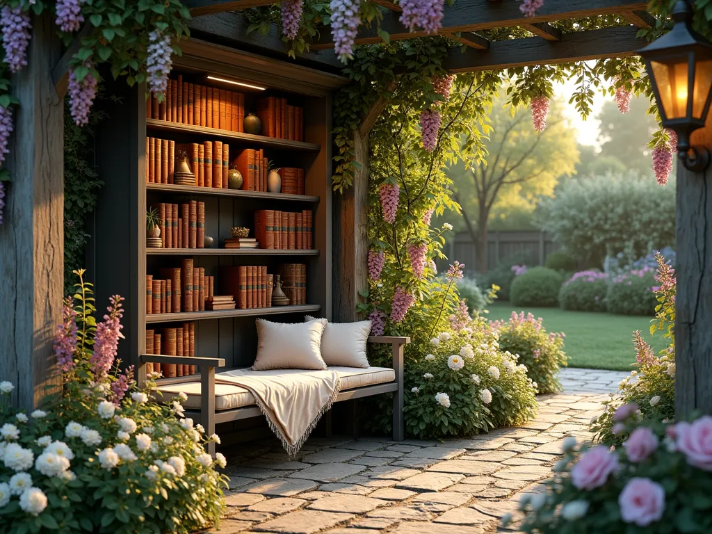 Literary Garden Sanctuary - A serene garden nook with a vintage weatherproof glass-enclosed bookcase nestled among climbing roses and wisteria. A cozy wooden reading bench with plush cushions sits beneath a weathered pergola draped with flowering vines. Copper book-shaped plaques displaying meaningful quotes line the stone pathway. English lavender, sage, and rosemary create a fragrant border, while paper-white flowers bloom nearby. Golden evening light filters through the foliage, casting warm shadows on leather-bound books visible through the glass. A small bronze reading lamp adds a magical glow, hyperrealistic, professional photography, 8k