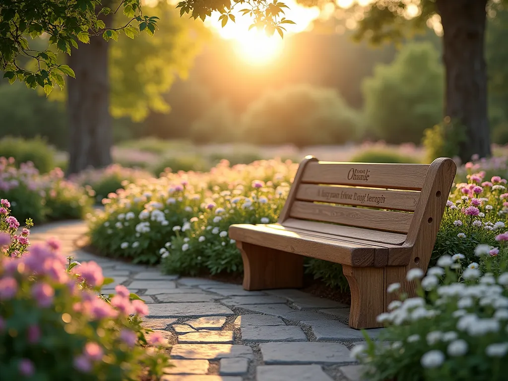 Serene Memorial Garden Bench at Sunset - A peaceful garden scene featuring a handcrafted teak memorial bench with delicate engravings, set against a soft sunset backdrop. The bench is nestled in a tranquil garden corner, surrounded by flowing waves of pink and white garden phlox and clusters of white sweet alyssum. Dappled evening light filters through nearby trees, casting gentle shadows on the natural stone path leading to the bench. The scene has a dreamy, ethereal quality with soft bokeh effects, creating a contemplative and sacred atmosphere. Photorealistic style.