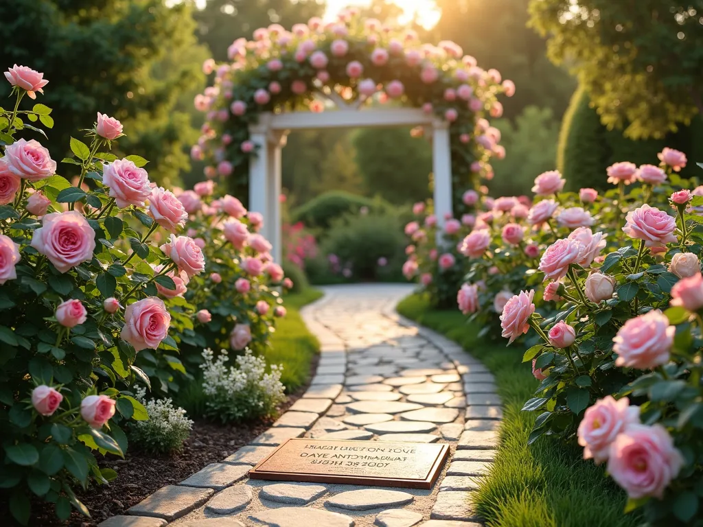 Serene Memorial Rose Garden Path - A tranquil garden scene at golden hour featuring an elegant curved pathway winding through a lush memorial rose garden. Pink and white roses in full bloom line both sides of the stone path. A weathered copper memorial plaque nestles among the roses. In the background, a beautiful white wooden rose arbor covered in climbing pink roses creates a focal point. Soft, dappled sunlight filters through the roses, creating a peaceful and ethereal atmosphere. Professional garden photography style, photorealistic, high detail.