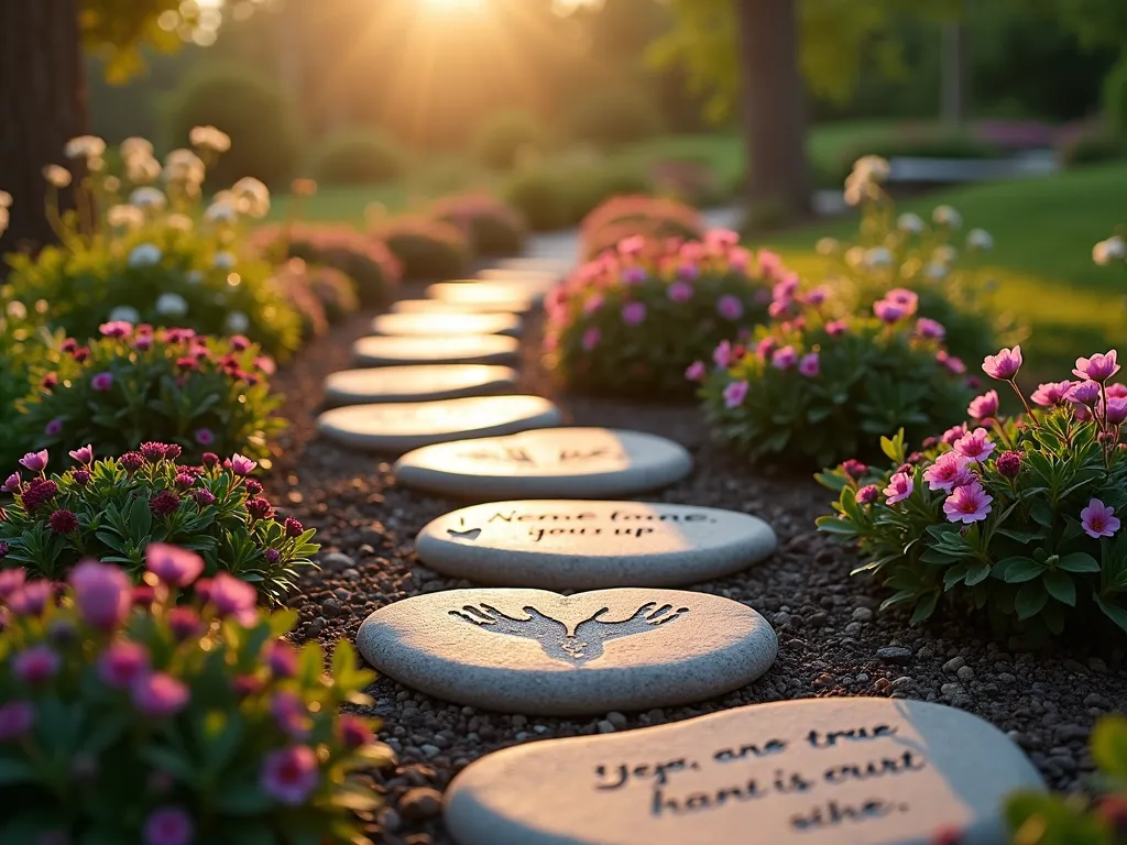 Memorial Garden Path with Personalized Stepping Stones - A serene garden path with handcrafted memorial stepping stones, photographed from a low angle during golden hour. The stones feature delicate handprints and etched quotes, arranged in a gentle curve through beds of blooming pink and purple creeping phlox. Soft sunlight filters through nearby trees, creating a warm, ethereal glow on the stones' surfaces. The stepping stones are surrounded by clusters of green and burgundy sedum, creating a lush, carpet-like effect. The scene captures a peaceful, contemplative atmosphere with shallow depth of field and subtle lens flare.