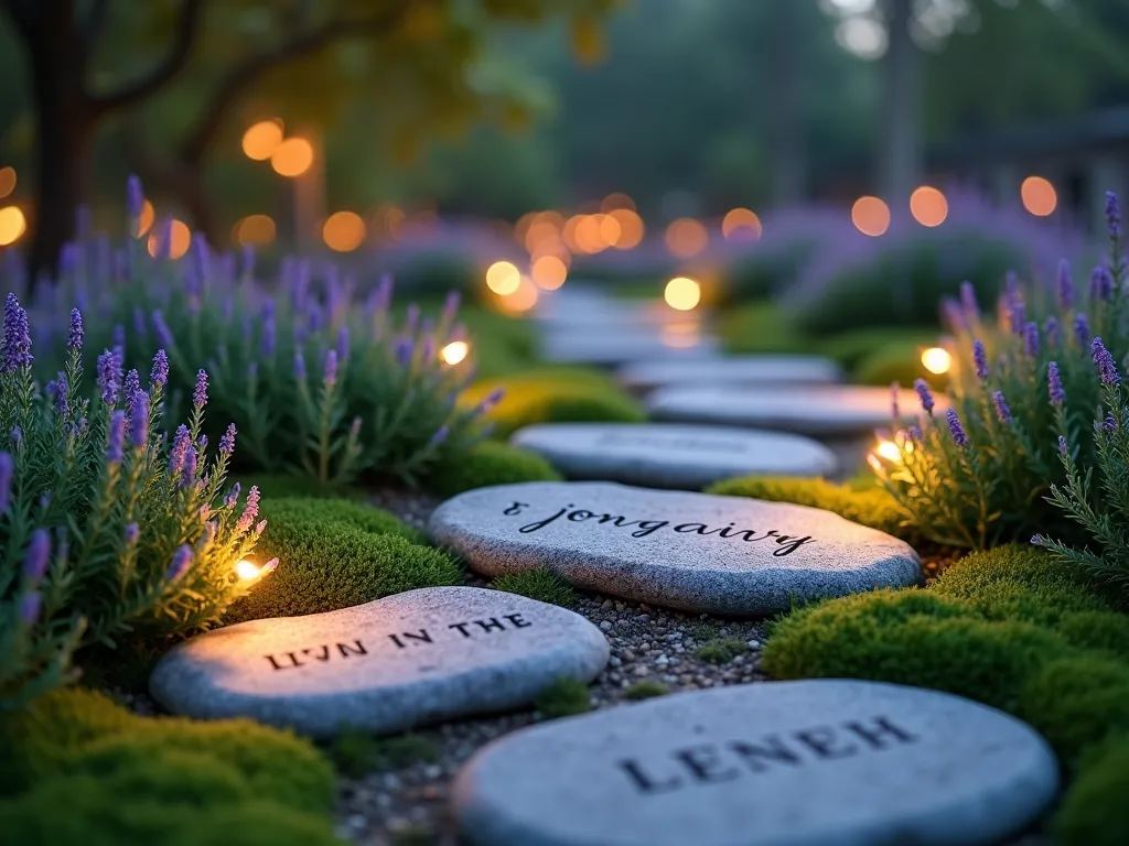 Memorial Stone Garden Path - A winding garden pathway made of personalized memorial stones with engraved text, softly illuminated at dusk. The stones are nestled among lush patches of purple-flowering creeping thyme and emerald moss. Delicate garden lights cast a warm glow on the stones, creating an ethereal atmosphere. The path meanders through a serene garden setting with soft bokeh effect in the background. Photorealistic, high detail, emotional composition.