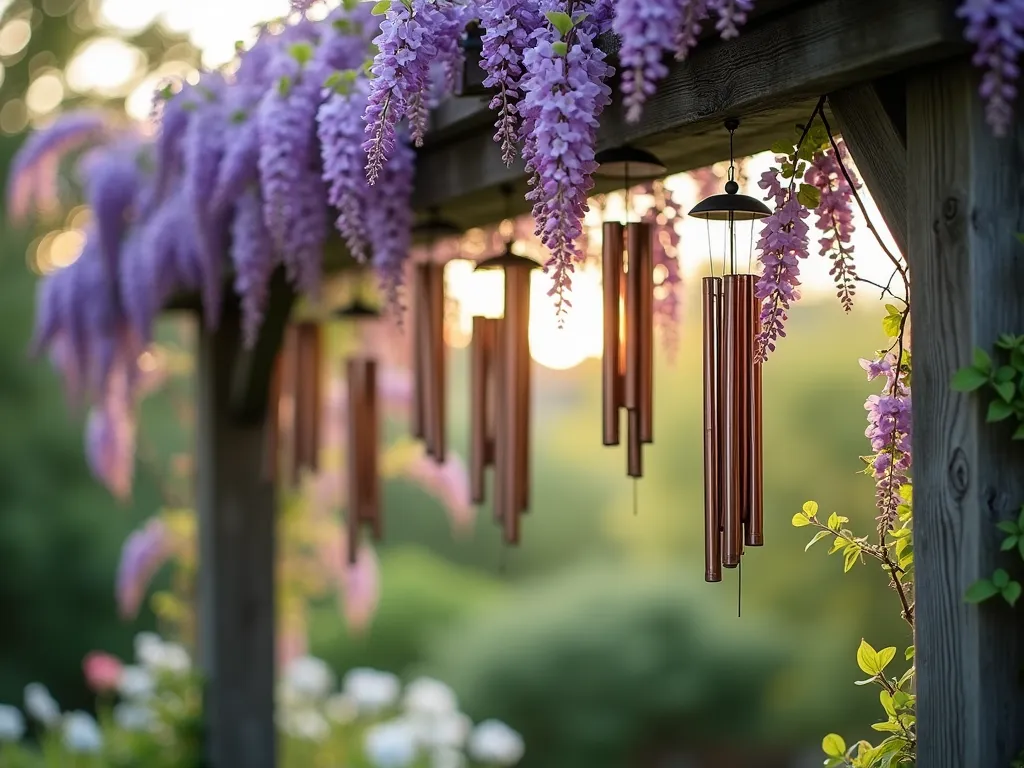 Enchanted Memorial Wind Chime Garden - A serene garden scene with a weathered wooden pergola draped in cascading purple wisteria blooms and white jasmine flowers. Multiple copper and silver wind chimes of varying lengths hang elegantly from the beams, catching the warm evening light. Soft bokeh effect and ethereal atmosphere, with some chimes gently swaying in a light breeze. The scene is captured from a low angle, showing the flowering vines intertwining with the chimes against a soft, dreamy background.