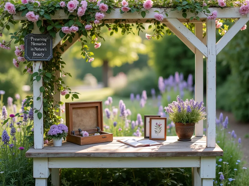 Serene Memory Pressed Flower Station - A tranquil garden workspace featuring a rustic weathered wooden table beneath a white pergola draped with climbing roses and wisteria. On the table sits an antique wooden flower press, pressed flower frames, and delicate pressing paper. The surrounding garden bed blooms with pressing-perfect flowers including lavender, cosmos, pansies, and forget-me-nots in soft pastel colors. A decorative vintage-style metal plaque on the pergola reads 'Preserving Memories in Nature's Beauty'. Dappled sunlight filters through the pergola creating a peaceful atmosphere. Professional photography, soft natural lighting, shallow depth of field.