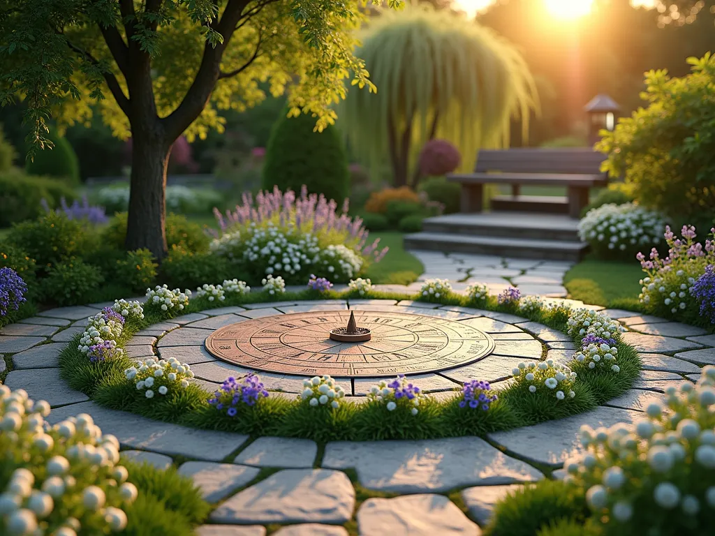 Enchanted Memory Time Capsule Garden - A serene garden scene at golden hour, featuring a beautiful circular garden bed with a decorative stone marker in the center. Surrounding the marker are concentric rings of blooming forget-me-nots and white roses. A weathered copper sundial serves as the time capsule marker, partially embraced by climbing ivy. Stone pathways spiral outward, lined with lavender and ornamental grasses swaying in the gentle breeze. Soft, dappled sunlight filters through a nearby weeping willow, creating an ethereal atmosphere. In the background, a rustic wooden bench sits among butterfly bushes and flowering perennials, photorealistic style, 4k resolution