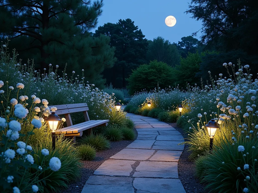 Ethereal Moonlight Memorial Garden - A serene nighttime garden scene bathed in soft moonlight, featuring a winding path lined with luminous white flowering plants and silvery artemisia. Delicate white roses, moonflowers, and white phlox glow ethereally. Silver-leaved lamb's ear and dusty miller create textural contrast. Solar-powered lanterns emit a gentle warm glow, while mirrored gazing balls and a small reflecting pool capture and multiply the moonlight. A simple stone bench offers a peaceful spot for reflection, surrounded by swaying white Japanese anemones. The scene is photographed during the blue hour, with a full moon visible in the background, creating a dreamy, contemplative atmosphere.