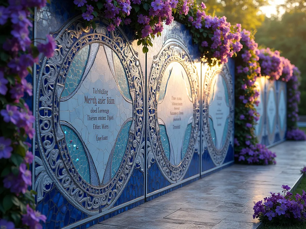 Enchanted Mosaic Memorial Garden Wall - A stunning garden memorial wall with intricate mosaic patterns in blues, purples, and silver, featuring delicate mirror pieces catching sunlight. The mosaic design incorporates elegant swirling patterns with subtle embedded dates and names. Rich purple clematis vines gracefully climb the edges, with blooms cascading along the wall. The wall is photographed during golden hour, with soft natural lighting highlighting the sparkle of glass pieces and creating a ethereal, peaceful atmosphere. Photorealistic, high detail, architectural photography style.