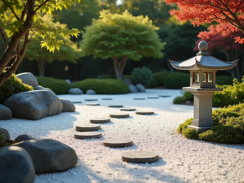 Serene Zen Memorial Garden - A tranquil Japanese-style memorial garden photographed at golden hour, featuring meticulously raked white gravel patterns reminiscent of rippling water. A traditional stone lantern serves as a focal point, casting gentle shadows. Minimalist plantings of dwarf Japanese maples and cloud-pruned azaleas frame the scene. A small bamboo tsukubai fountain creates gentle water sounds. Natural stepping stones create a meandering path through the gravel. Low-lying moss gardens add softness to rock arrangements. The composition emphasizes negative space and harmony, photographed in high resolution with soft, natural lighting.