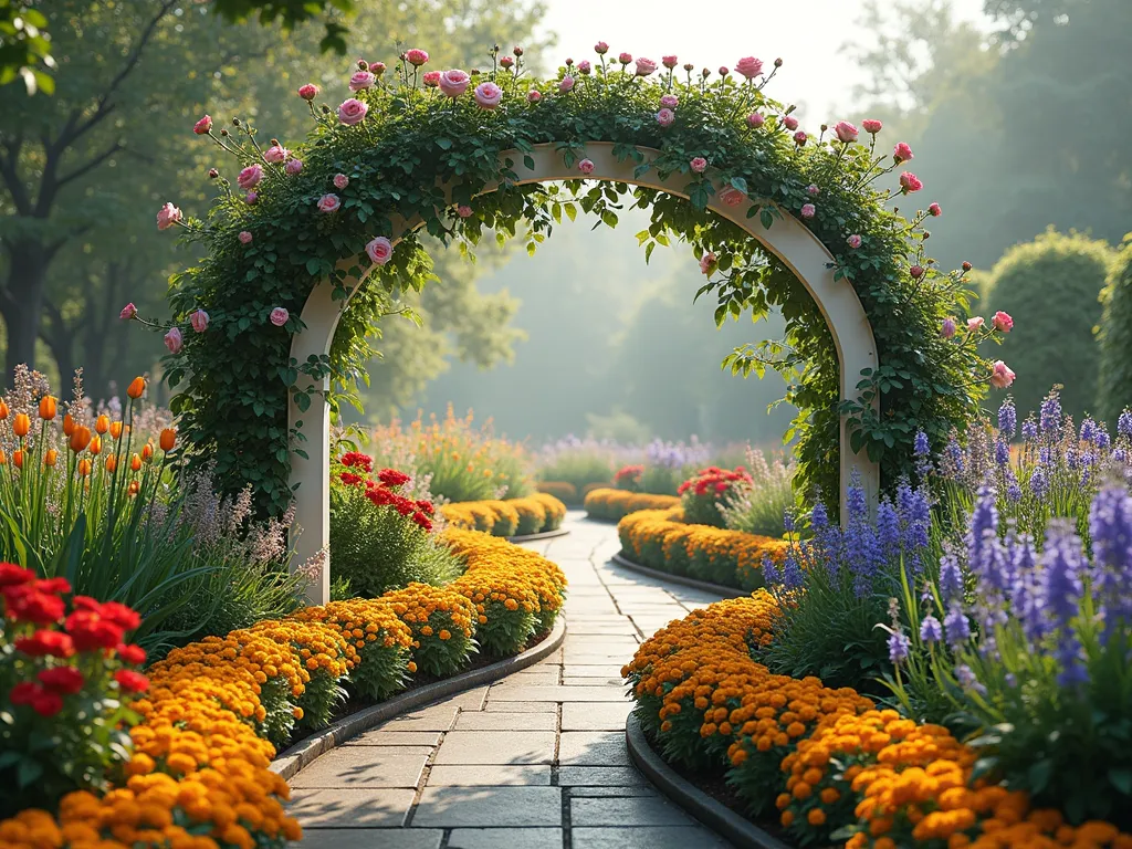 Rainbow Memorial Garden Bridge - A serene garden landscape featuring a graceful white memorial bridge arch adorned with climbing roses. The garden beds sweep in elegant curves beneath, showcasing flowers arranged in perfect rainbow order: red salvias and tulips, orange marigolds, yellow daylilies, green ornamental grasses, blue delphiniums, and purple lavender. Morning light filters through the arch, creating a dreamy atmosphere. The garden path leads through the bridge, bordered by perfectly manicured flower beds that transition through the rainbow colors. In the background, flowering trees and shrubs add depth and vertical interest. Photorealistic, botanical garden style, soft natural lighting.