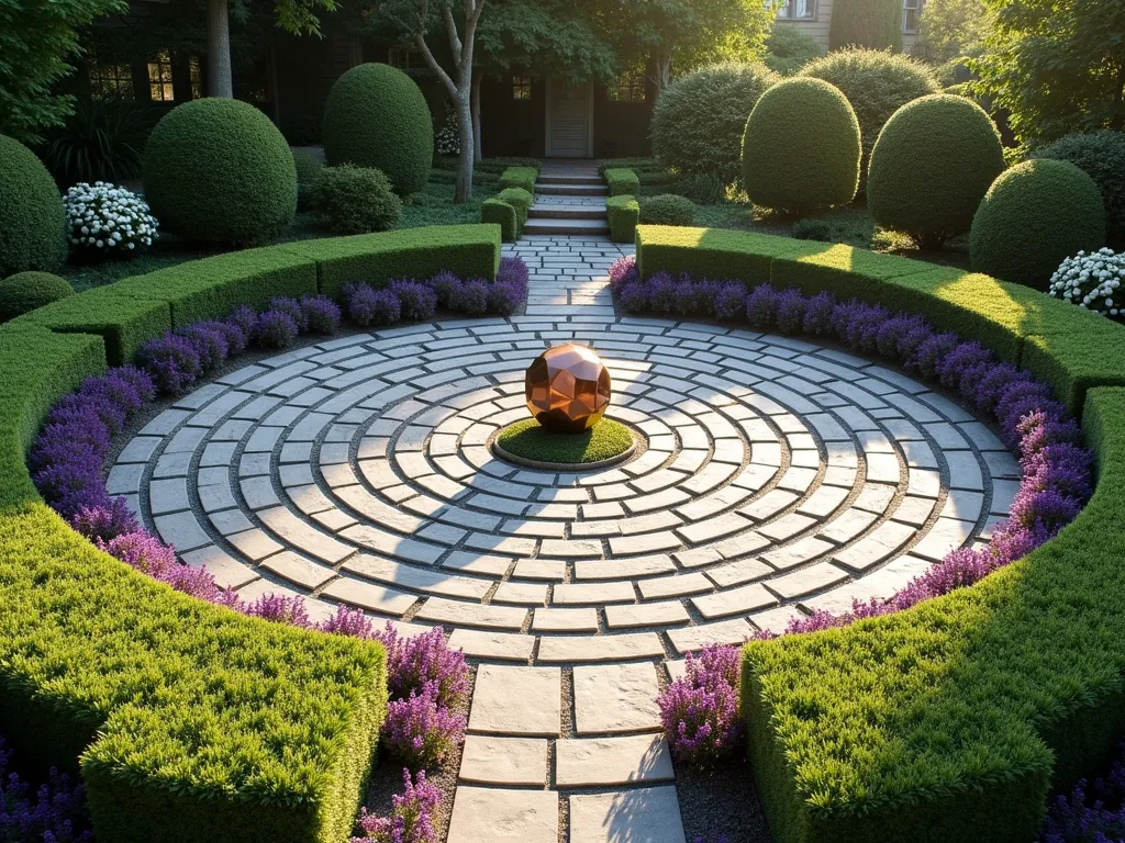 Sacred Geometry Memorial Garden with Spiral Labyrinth - A serene garden featuring a beautiful spiral labyrinth pathway made of light gray stone pavers, surrounded by flowing lavender borders. The spiral leads to a central memorial area with a geometric copper sculpture. Perfectly manicured boxwood hedges create sacred geometric patterns, while white roses and purple salvia add soft organic touches. Golden afternoon sunlight casts gentle shadows across the geometric patterns, creating a mystical atmosphere. The garden is photographed from a slightly elevated angle to showcase the intricate spiral design.