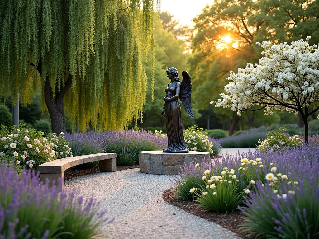 Serene Angel Memorial Sculpture Garden - A tranquil garden setting at golden hour featuring a life-sized bronze angel sculpture as the centerpiece, surrounded by flowing lavender and white roses. The sculpture is positioned on a natural stone pedestal, with a curved stone bench nearby for reflection. Mature weeping willows frame the scene, creating gentle dappled light. A winding crushed granite path leads to the memorial area, bordered by ornamental grasses and white flowering dogwood trees. The composition creates a peaceful, contemplative atmosphere with soft, natural lighting and harmonious landscaping.