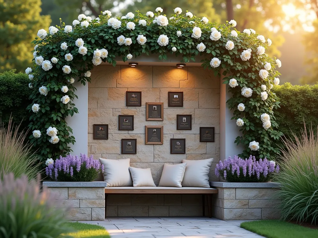 Serene Garden Memory Wall at Sunset - A tranquil garden scene featuring an elegant stone memory wall with weatherproof glass-protected photo frames and bronze plaques, softly illuminated by warm sunset light. Climbing white roses and purple wisteria gracefully frame the wall. Built-in stone planters filled with lavender and ivory roses line its base. A comfortable wooden bench with plush cushions sits before the wall, surrounded by softly swaying ornamental grasses. The scene is captured from a slight angle, showing depth and dimension, with gentle bokeh effects in the background