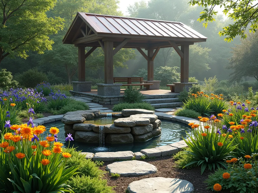 Serene Memorial Rain Garden with Covered Pavilion - A tranquil garden landscape showcasing a beautiful rain garden with layered plantings of iris, ferns, and marsh marigolds surrounding a natural stone basin collecting rainwater. A rustic wooden pavilion with a copper roof provides sheltered seating, while glass rain chains create musical water features. Stone pathways weave through moisture-loving plants, and a small memorial bench sits beneath the pavilion. Early morning mist adds atmosphere, with dewdrops glistening on the plants. Soft, diffused natural lighting creates a peaceful ambiance. Photorealistic, high detail, nature photography style.