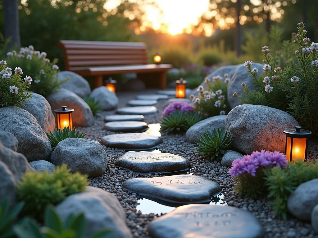 Serene Memorial Rock Garden - A peaceful zen-like rock garden memorial at sunset, featuring naturally weathered boulders and engraved memorial stones nestled among blooming sempervivum and sedum succulents. Alpine flowers in soft purples and whites cascade between rocks. A small copper water feature trickles quietly in the center, while scattered solar lanterns cast a warm glow. A natural stone bench provides a place for contemplation. Soft evening light creates long shadows across the textured rock garden, photorealistic style.