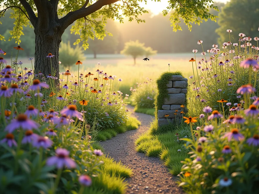 Serene Wildflower Memorial Meadow - A dreamy, ethereal garden scene featuring a natural wildflower meadow at golden hour, with soft sunlight filtering through. Native purple coneflowers, black-eyed susans, and butterfly milkweed bloom abundantly. A winding gravel path meanders through the meadow, leading to a rustic wooden bench nestled under a flowering dogwood tree. Small butterflies and bees hover over the flowers. A handcrafted stone memorial marker, partially covered in moss, blends naturally with the wild landscape. Captured in a romantic, painterly style with warm, golden tones.