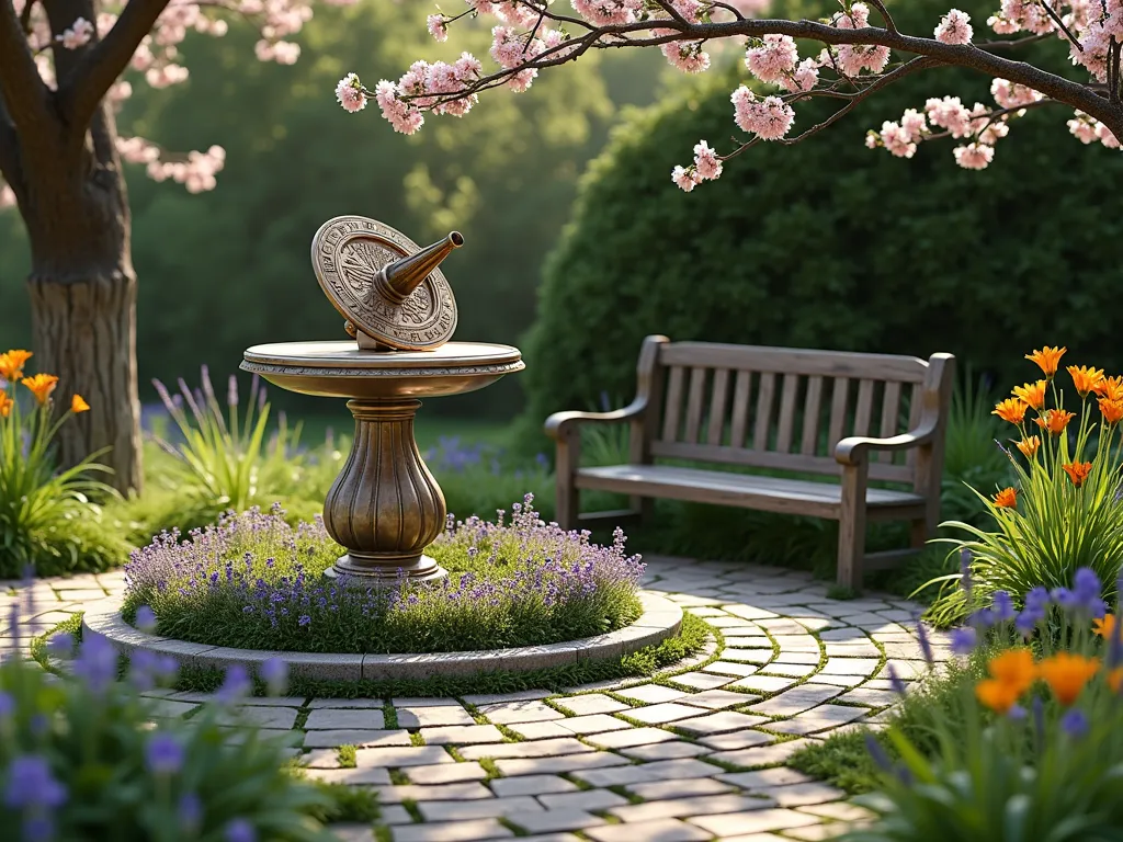 Sundial Memorial Garden Circle - A serene garden setting featuring an ornate bronze sundial as the centerpiece, with delicate engraving visible on its face. The sundial sits atop a carved stone pedestal, surrounded by a circular garden design with concentric rings of flowers. Morning glory, evening primrose, and daylilies create a living clock pattern. A rustic wooden bench nestles among the blooms, partially shaded by a flowering cherry tree. Soft morning light filters through, casting gentle shadows. The garden features a cobblestone pathway leading to the sundial, with lavender and creeping thyme between the stones. Photorealistic style, peaceful atmosphere, dappled sunlight.