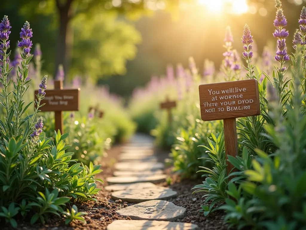 Sunlit Memorial Herb Garden - A peaceful sunlit herb garden with decorative rustic wooden plant markers, featuring lush rosemary, sage, and lavender. Golden afternoon light filters through the herbs, creating a dreamy atmosphere. Vintage-style wooden markers display handwritten quotes about remembrance. Stone pathway winding through the garden. Soft bokeh effect. Emotional, intimate photography style. 8k resolution, naturalistic garden design.