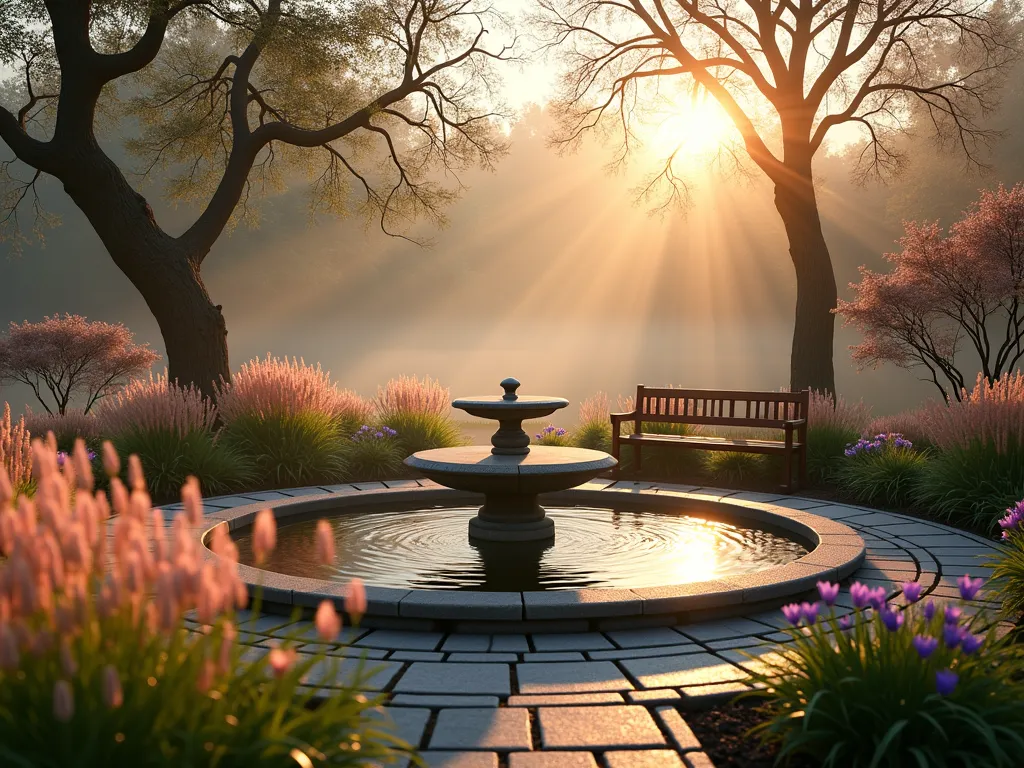 Tranquil Sunrise Memorial Garden Circle - A serene circular garden at dawn, featuring a central stone memorial fountain surrounded by swaying ornamental grasses catching golden morning light. Pink and purple early-blooming flowers like crocuses and morning glories frame the space. A wooden meditation bench faces east towards the rising sun. Soft morning mist adds atmosphere, while Japanese forest grass and feather reed grass create gentle movement. Photorealistic, professional landscape photography style, golden hour lighting.