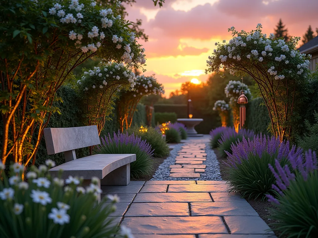 Tranquil Sunset Memorial Garden - A serene garden memorial setting at golden hour, featuring a curved stone bench facing west towards a dramatic sunset. The garden includes a delicate copper wind chime memorial catching the warm evening light. Evening-blooming jasmine and moonflowers climb elegant trellises, while lavender borders line the pathway. Soft uplighting illuminates a small memorial fountain. The scene is captured with warm sunset colors reflecting off polished stone elements, creating a peaceful, contemplative atmosphere. In the foreground, white night-blooming flowers are beginning to open.