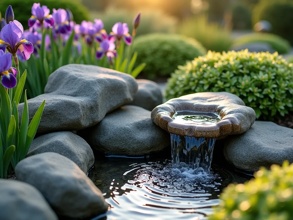 Tranquil Memorial Water Garden - A serene Japanese-inspired garden memorial featuring a natural stone fountain with water cascading gently over polished rocks. A carved memorial stone sits harmoniously beside the water feature, surrounded by lush purple Japanese iris and variegated hostas in full bloom. Soft afternoon lighting creates a peaceful atmosphere, with water droplets catching the golden light. The scene is composed with careful attention to zen principles, creating a peaceful sanctuary for remembrance.