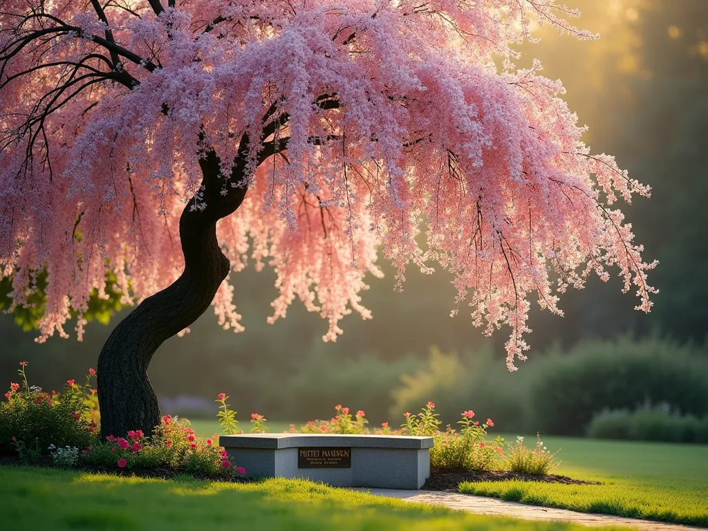 Tranquil Memorial Weeping Cherry Tree - A serene garden scene at golden hour featuring a mature weeping cherry tree in full pink bloom, its graceful branches cascading like a natural canopy. Below sits a curved stone bench nestled among soft ground cover and spring flowers. A tasteful bronze memorial plaque is visible at the tree's base. Dappled sunlight filters through the branches creating a peaceful, ethereal atmosphere. Professional landscape photography style, soft bokeh, shallow depth of field.