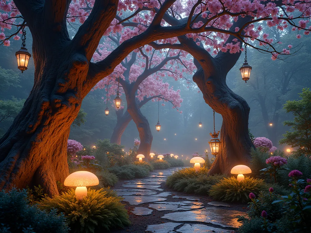 Enchanted Forest Garden at Twilight - A magical twilight garden scene captured with a wide-angle lens, featuring towering custom-designed trees with ethereal glowing cores emanating soft golden light through their trunks. The trees are adorned with flowering pink azalea blooms and giant bioluminescent mushrooms at their bases. Delicate fairy lights and vintage lanterns hang from gnarled branches, creating a enchanting canopy. End rods emit a subtle white glow, scattered throughout the scene like floating fireflies. The forest floor is carpeted with moss and ferns, while stone pathways wind through the magical landscape. Shot at f/2.8 with dreamy bokeh effect, creating a mystical atmosphere with the interplay of natural and magical lighting.