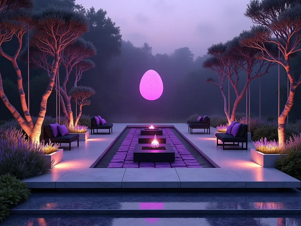 Ethereal End Garden Sanctuary - A surreal twilight garden scene featuring a modern floating garden platform made of smooth light gray stone, adorned with otherworldly purple and black elements. Tall, twisted chorus plants rise dramatically from end stone planters, their bioluminescent flowers casting an ethereal glow. Sleek end rods provide vertical lighting elements, creating dramatic shadows across the space. A suspended dragon egg serves as a central water feature, floating above a reflecting pool lined with purpur blocks. The garden is photographed from a low angle, capturing the floating elements against a deep purple sky, with subtle mist adding to the mysterious atmosphere. Modern outdoor furniture in black and purple complements the alien aesthetic, while strategic uplighting creates a dramatic interplay of light and shadow.