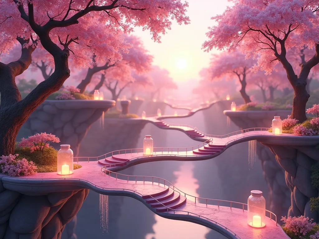 Ethereal Floating Cherry Blossom Garden at Twilight - A magical floating garden photographed at twilight with multiple suspended glass and pink-tinted platforms hovering in mid-air, connected by delicate glass bridges with ornate railings. Ethereal cherry blossom trees with pink wool-textured foliage dominate the platforms, their petals gracefully falling through beams of golden sunset light. The scene is captured from a dramatic wide-angle perspective, showing multiple floating levels ascending into a dusky purple sky. Crystal lanterns illuminate the pathways, creating a dreamy atmosphere while casting soft pink reflections on the glass surfaces. The platforms feature gentle curves and organic shapes, with some cherry blossoms cascading down like waterfalls over the edges. Shot with shallow depth of field highlighting the dimensional layers of the floating garden. Photorealistic digital art style with cinematic lighting.