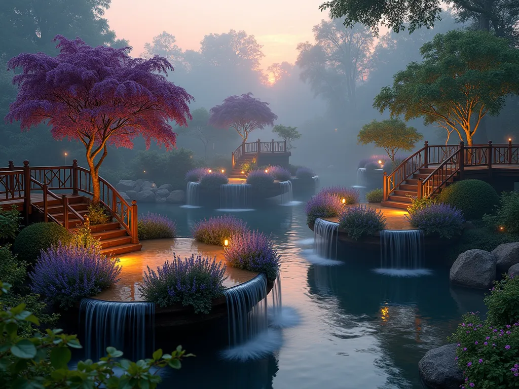 Ethereal Floating Garden Islands at Twilight - A breathtaking wide-angle DSLR photograph at twilight of multiple circular garden islands floating in a misty backyard space, captured with a wide-angle lens at f/8. Rustic wooden bridges with ornate railings connect these mystical floating platforms, each showcasing different themed gardens. The first island features a vibrant collection of lavender and purple wisteria cascading over the edges, while another displays a Japanese maple with crimson foliage. Crystal-clear waterfalls flow between the islands, illuminated by warm glowstone lighting hidden beneath the structures, creating golden reflections in the mist. Glass blocks catch the sunset's rays, creating prismatic effects in the falling water. The dramatic lighting highlights the multi-level design, with some islands positioned higher than others, creating a magical, three-dimensional garden landscape. Climbing roses and trailing ivy cascade down the sides of the islands, while fireflies add sparkle to the twilight atmosphere.