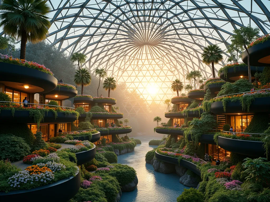 Futuristic Glass Biodome Garden Sanctuary - A magnificent geodesic glass dome garden photographed at golden hour, capturing a multi-level futuristic garden sanctuary. The massive crystalline structure houses distinct garden zones on terraced platforms, connected by cascading water features and glass elevators. The dome's interior reveals a lush tropical zone at the base with palm trees and exotic flowers, transitioning to a temperate garden mid-level with flowering perennials, and an alpine garden at the top level with rock formations and hardy plants. Automated misting systems create ethereal atmosphere, while LED growing lights illuminate different climate zones. The structure's geometric glass panels reflect the warm sunset light, creating prismatic patterns across the gardens. Shot with a wide-angle lens to capture the dome's full grandeur, with intricate architectural details and the interplay of natural and artificial lighting. The composition emphasizes the seamless blend of high-tech engineering and natural beauty, photographed from a slight elevation to showcase the vertical gardening system and the dynamic flow between levels.