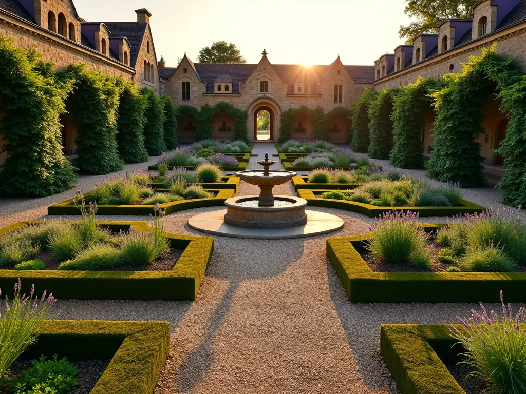 Medieval Herb Garden with Stone Raised Beds - A stunning wide-angle photograph of a symmetrical medieval herb garden at golden hour, featuring weathered stone brick raised beds arranged in perfect geometric patterns. The garden is centered around an ornate limestone fountain with water cascading into a round basin. Gravel pathways divide the garden into quadrants, each containing meticulously maintained herbs like lavender, sage, and thyme. Gothic-style wooden archways covered in climbing roses frame the entrance, while carefully trimmed boxwood hedges line the perimeter. The low evening sun casts long shadows across the crushed gravel paths, highlighting the textural contrast between the smooth stones and lush greenery. Shot with a DSLR camera at f/8, ISO 100, capturing the rich details of the medieval-inspired garden design.